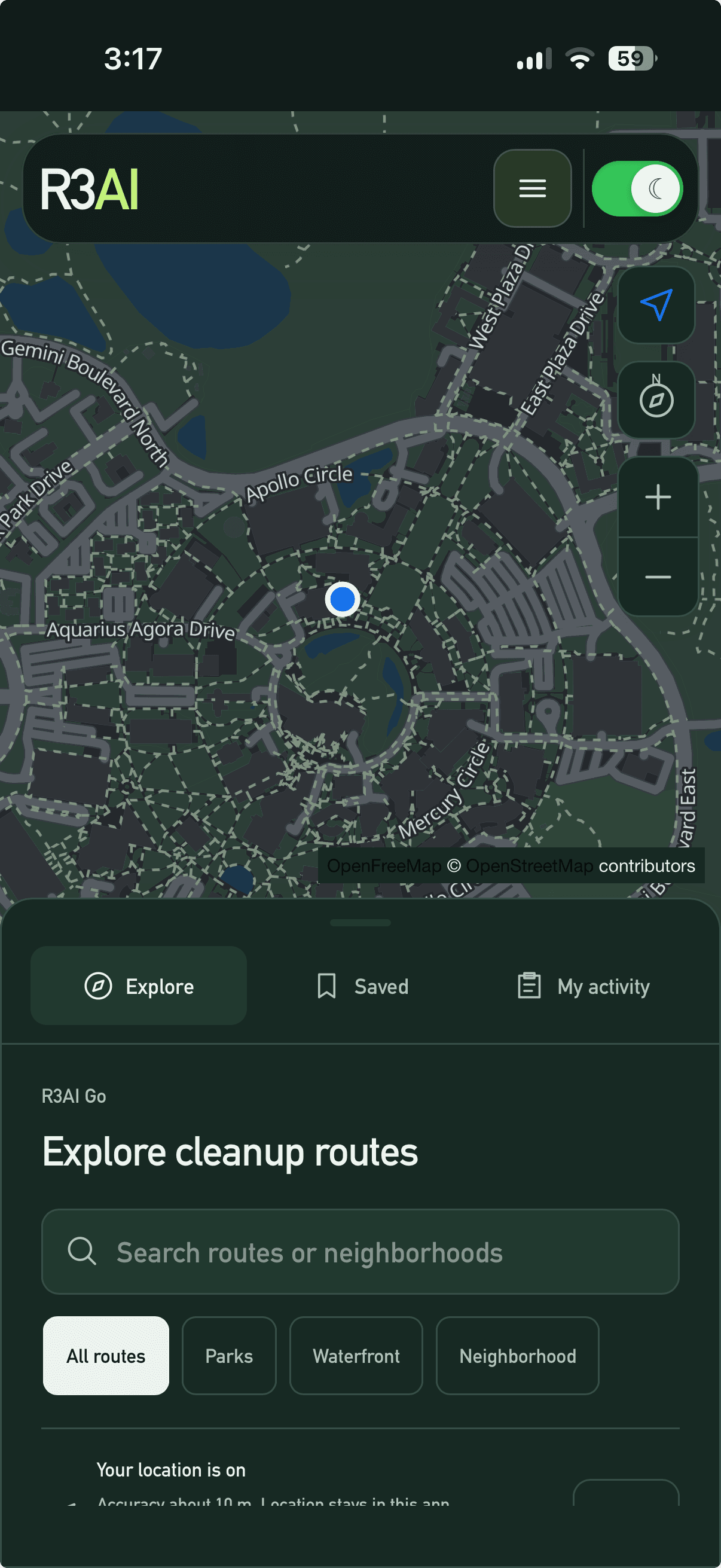 R3AI Go on mobile: a map with a location marker above the Explore, Saved, and My activity tabs and cleanup-route search.
